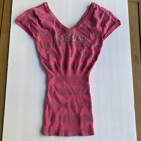 Y2K bebe Logo Rhinestone Logo Sweater T-Shirt Tee Pink Stripe Small - Picture 1 of 4